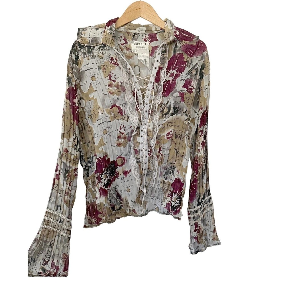 Vintage Dress-U by Sharon Lace Up Front Womens S Floral Blouse Y2K Fairycore